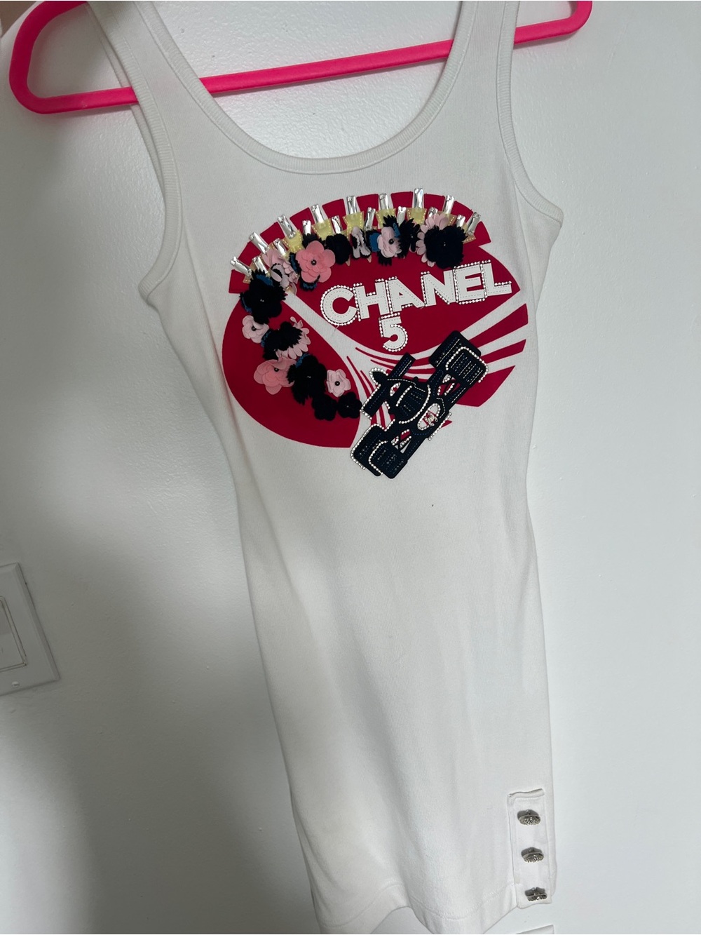 CHANEL White Tank Top with Pink and Black Floral Graphic